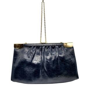Vintage Mardane USA Navy Blue and Gold Leather Convertible Shoulder Bag Clutch